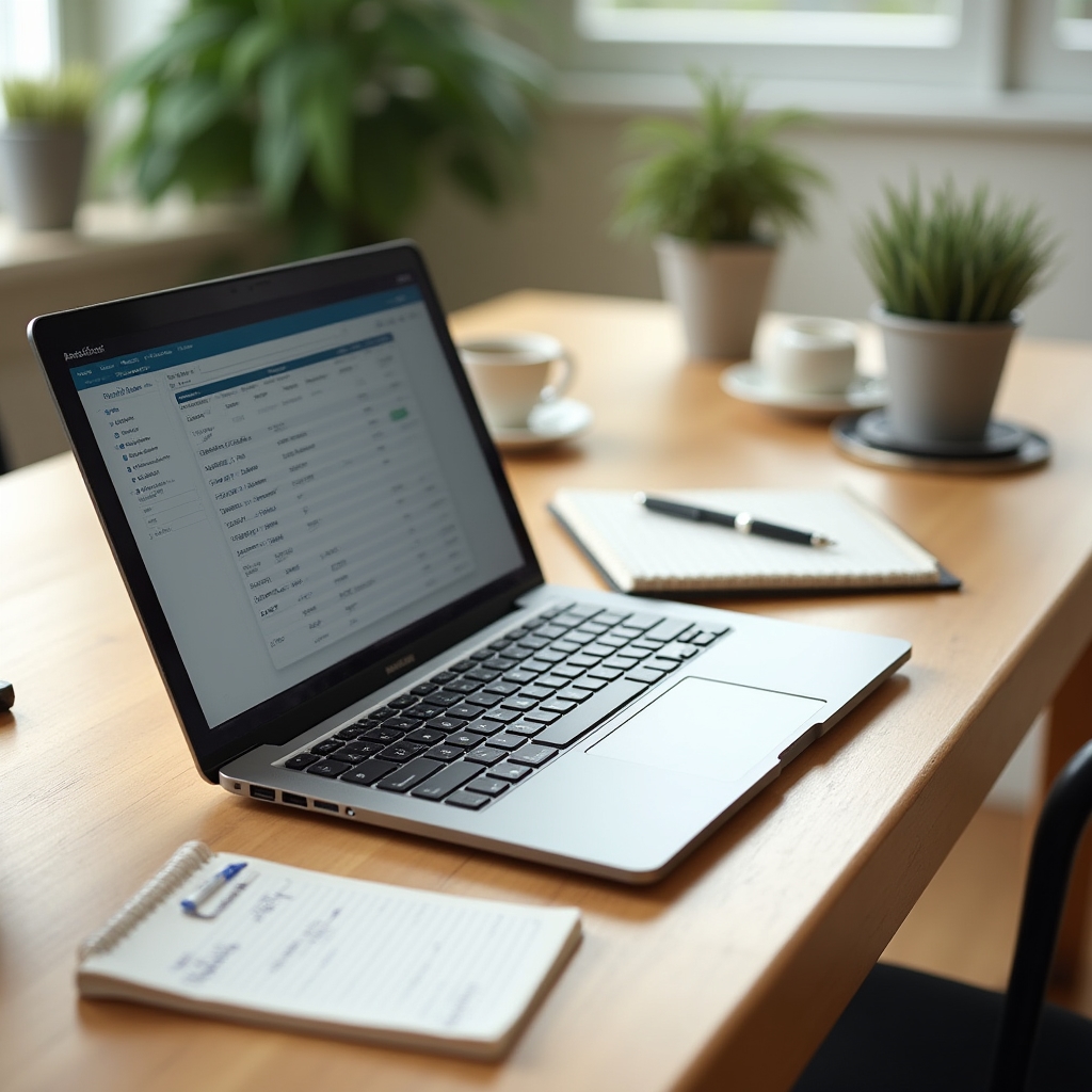 Schreibtisch mit Laptop, Notizblock und einer Tasse Kaffee in einem hellen Büro