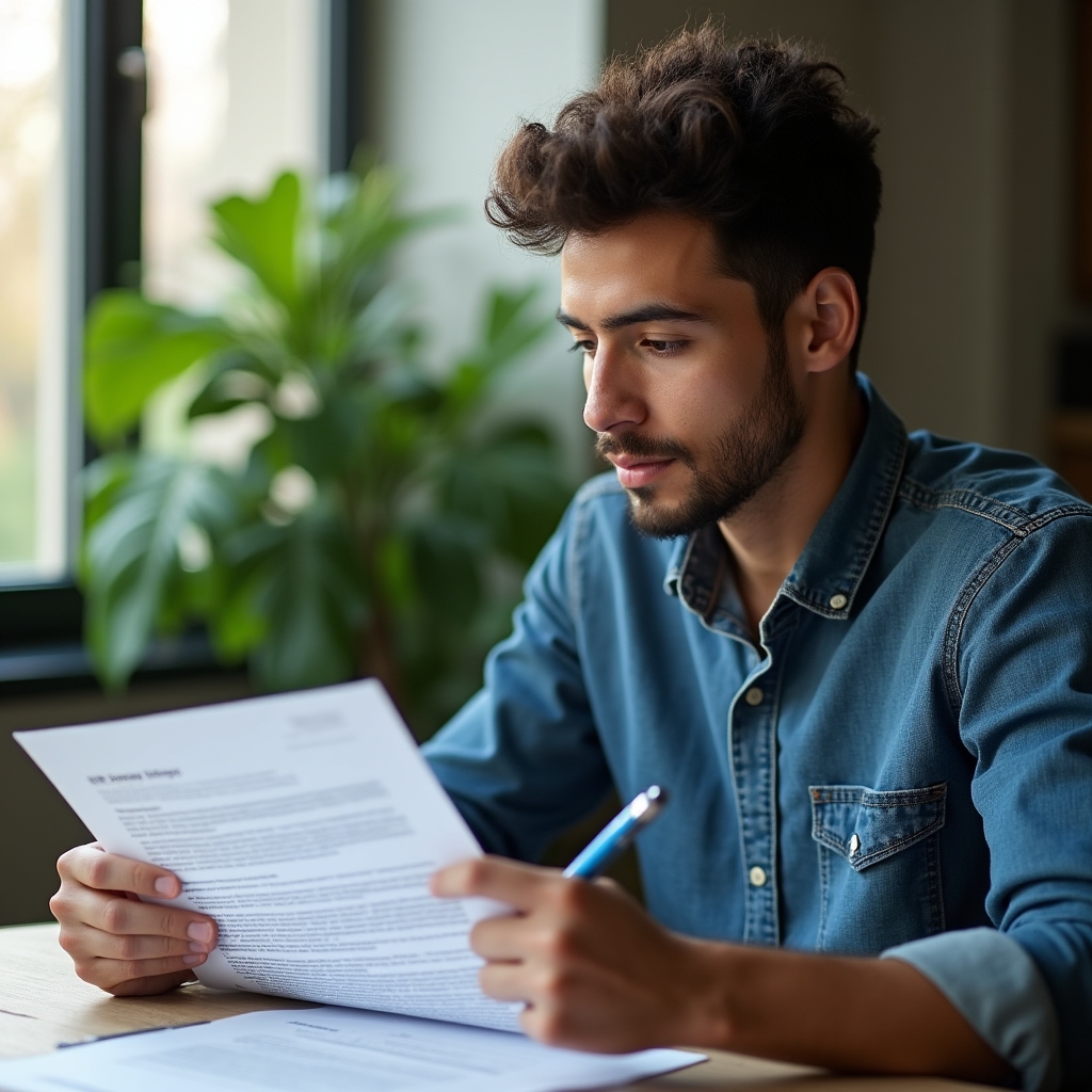Person liest ein Vertragsdokument und macht sich handschriftliche Notizen zu Fachbegriffen