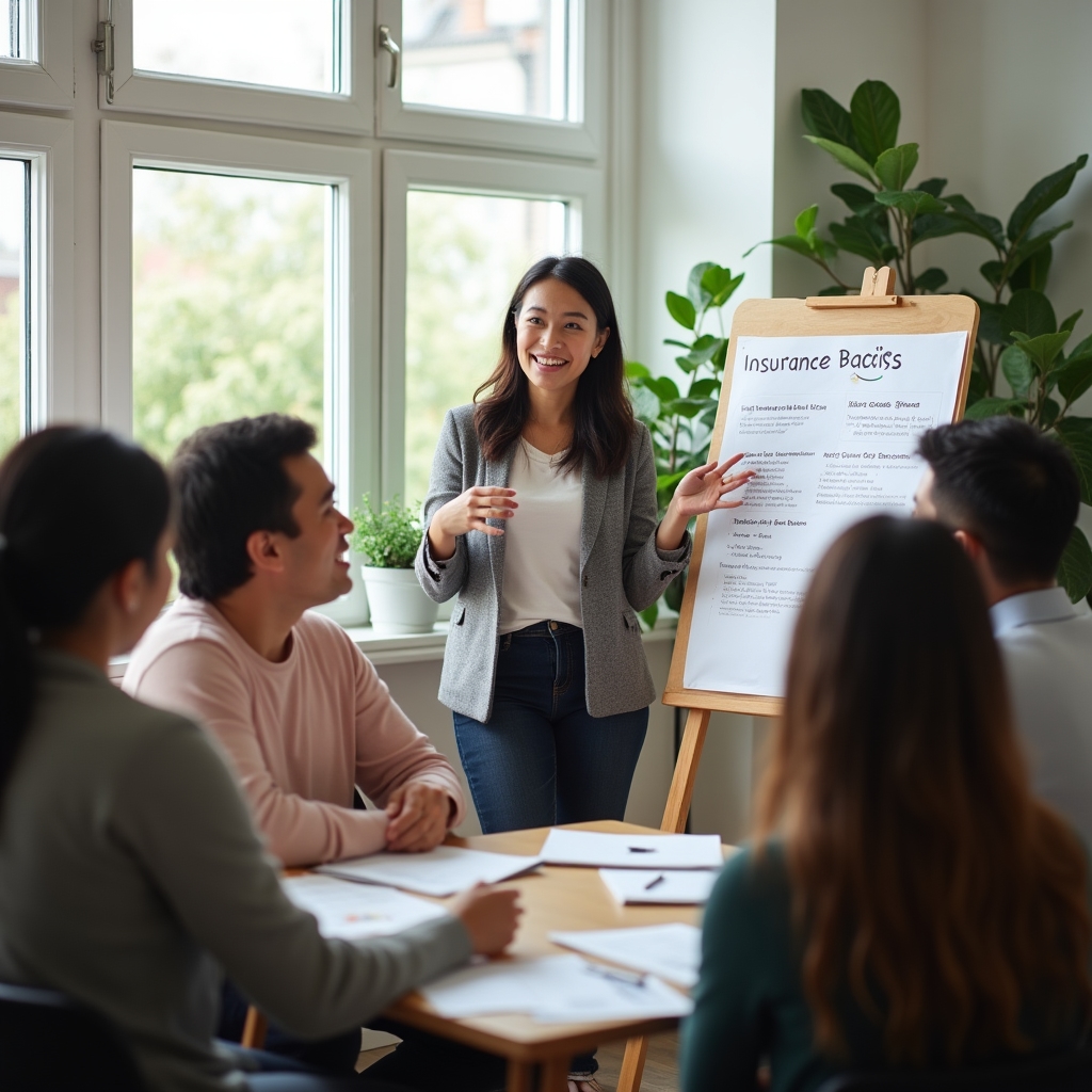 Workshop-Situation mit mehreren Personen, die gemeinsam an Kursmaterialien zu Versicherungsthemen arbeiten